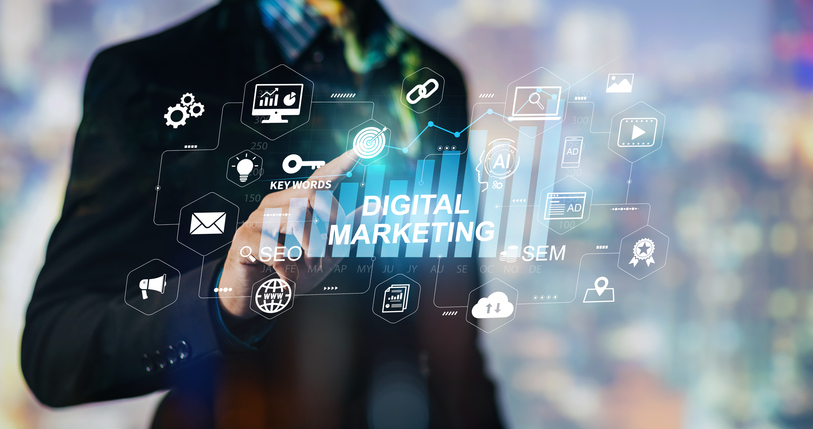 Digital marketing business technology. Website advertisement email social media network, SEO, SEM video and mobile application icons in virtual screen.